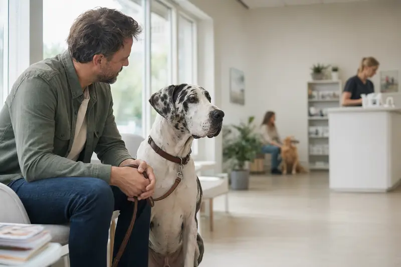 Eine Argentinische Dogge sitzt neben ihrem Besitzer in einem modernen, freundlichen Wartezimmer einer Tierarztpraxis.